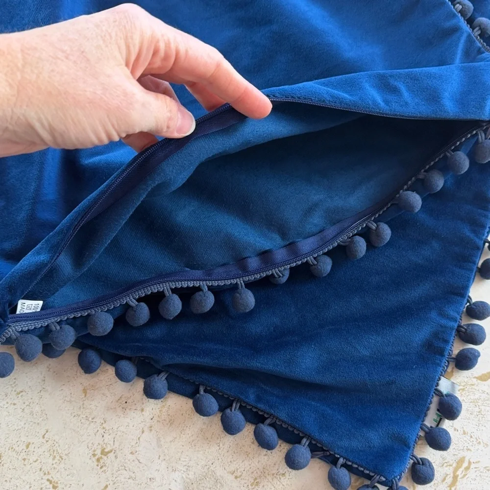 NWOT (2) Pillow Covers Navy Velvet with Pom Pom Accent soft, classic, fun